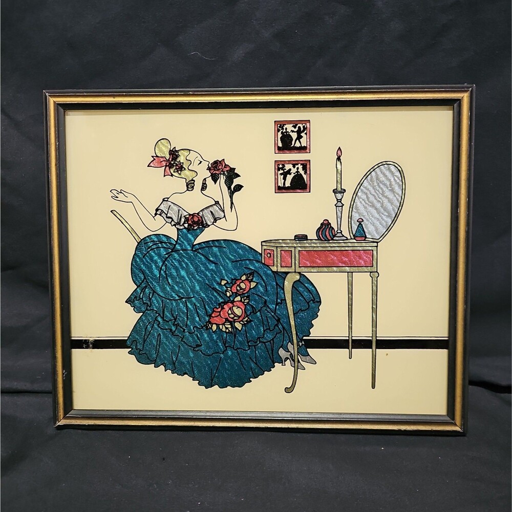 Art Deco Butterfly Wing Foil Art: Victorian Lady at Vanity. "Beauty Secrets"....